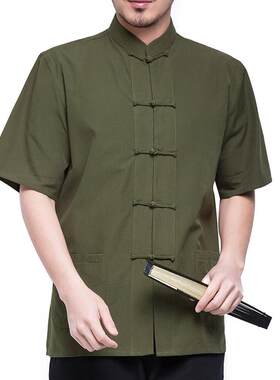 高档中国风装男装春秋外套袖上衣年中老年居士唐服古装长汉青服夏
