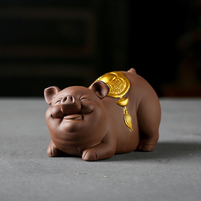 正品创意紫砂家居装饰品视柜摆动瓷物猪件书房博古架摆电设陶工艺