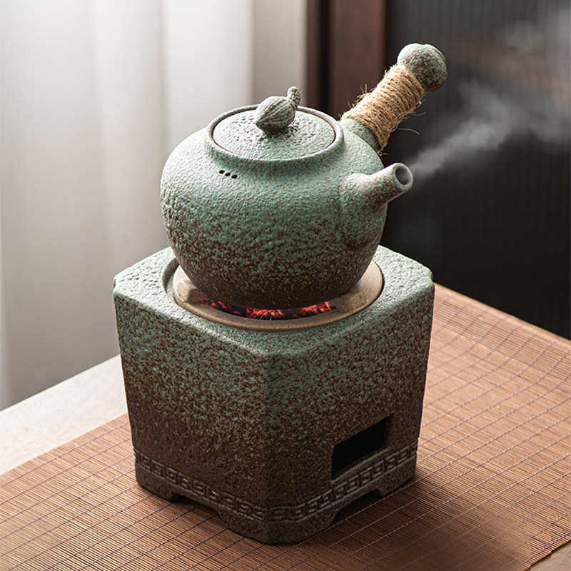 陶怡 粗陶窑变炭炉组合 围炉煮茶耐高温四方碳炉 家用复古侧把壶