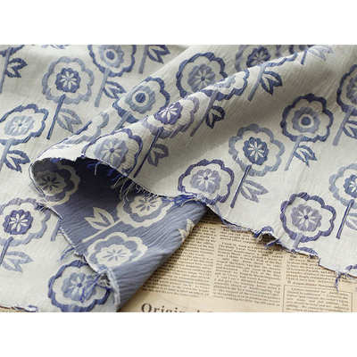 蓝色花朵色织提花面料复古仿麻起皱风格春秋女装提花布手袋箱包布