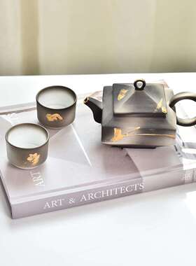 描金泡茶壶托盘假山组合茶室书房售样板房大平层别墅会客室软装