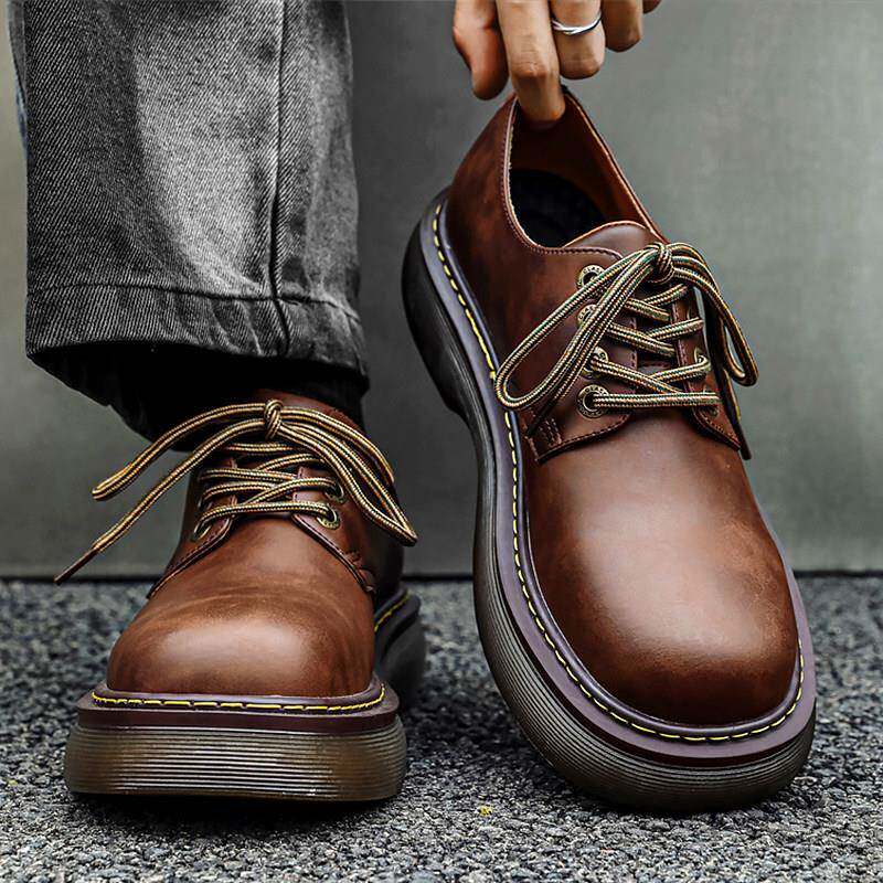 潮牌秋冬新款牛筋底真牛皮商务休闲大头德比皮鞋男低帮工装马丁靴