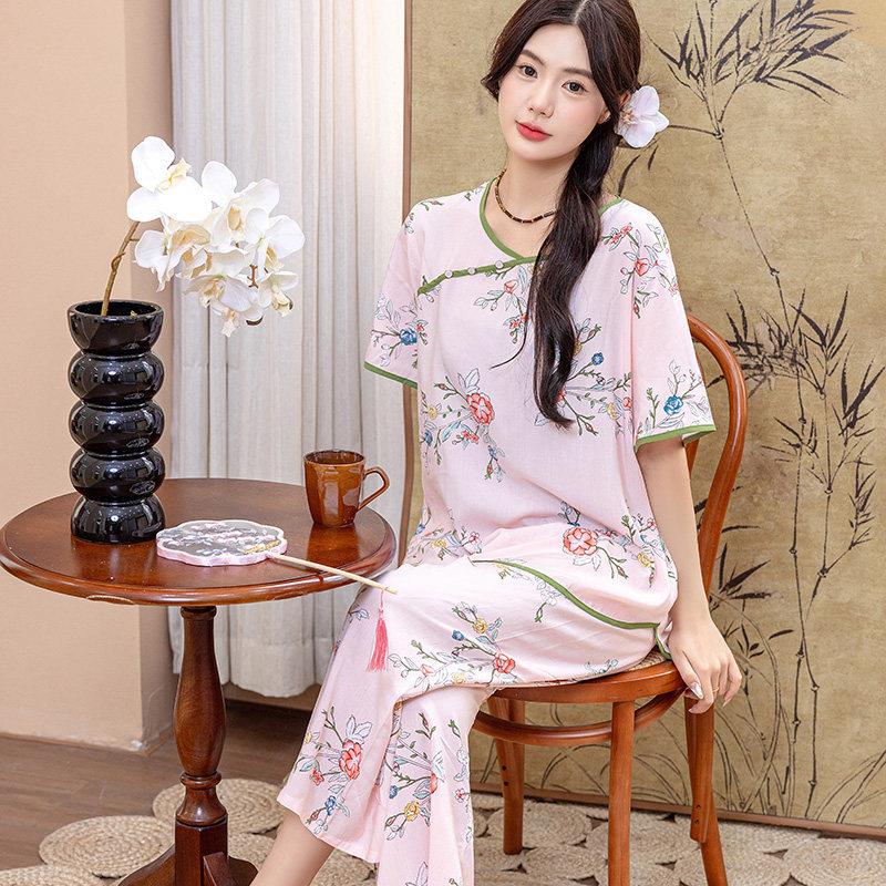 新中式睡衣女春夏绵绸薄款千金风家居服夏天旗袍国风盘扣棉绸套装