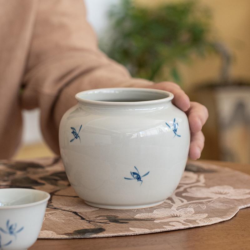 仿古手绘兰花建水陶瓷茶洗茶渣缸水盂家用盖碗茶具干泡台茶道配件