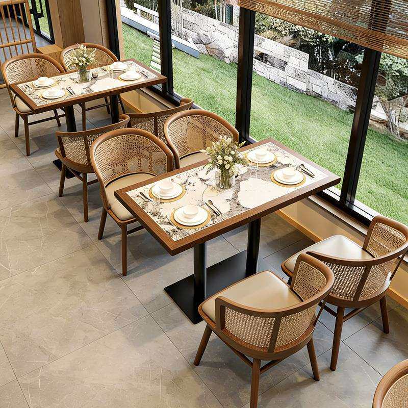 饭店卡座沙发餐饮商用火锅融合料理茶馆休闲桌椅泰式餐厅实木餐桌