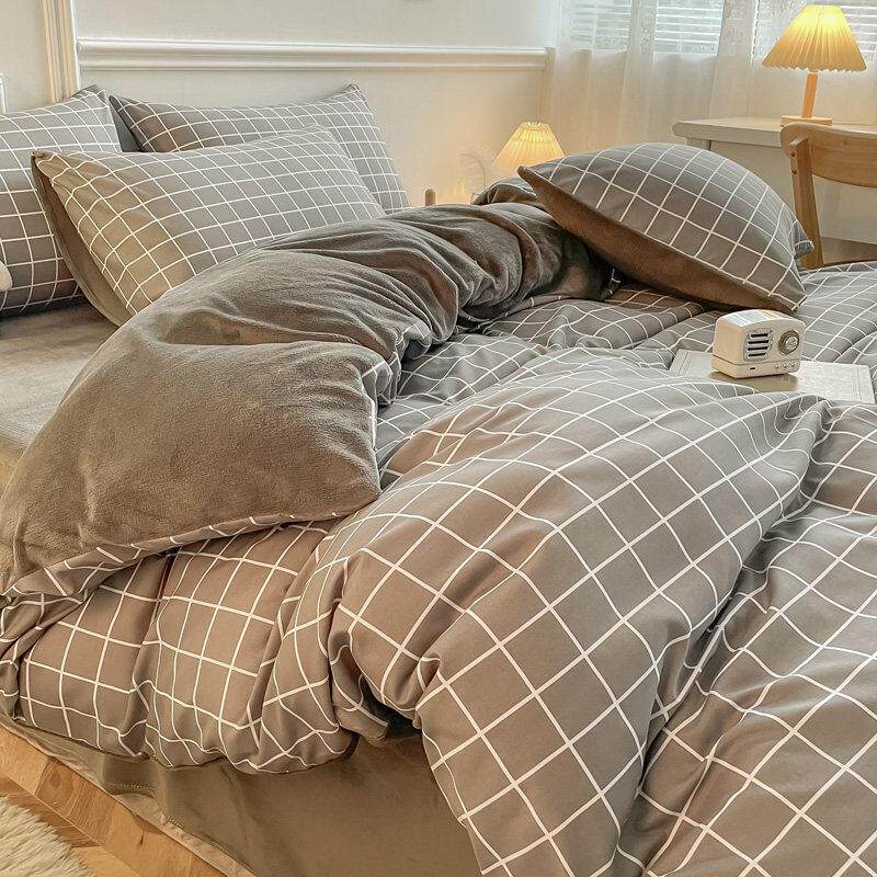 韩式灰色格子男士单面绒四件套A棉B面牛奶绒法兰绒单件被套床单4