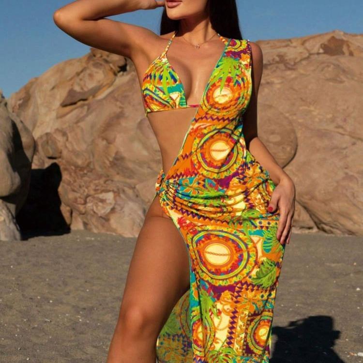 womens print neck sexy protection piece swimsuit halter sun