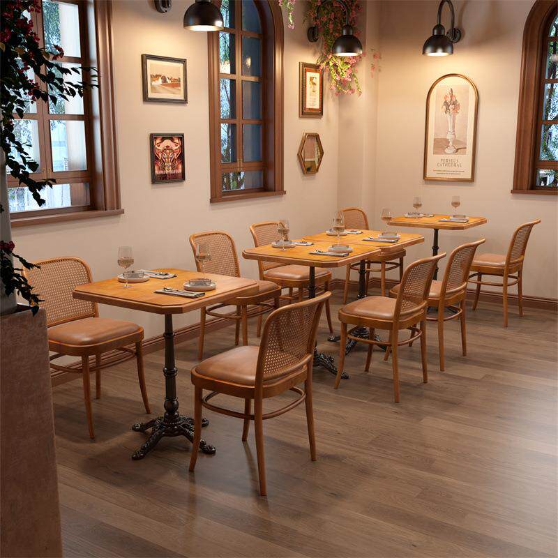 复古风实木藤编餐桌椅组合奶茶咖啡店一桌二椅西餐厅酒馆圆形桌子