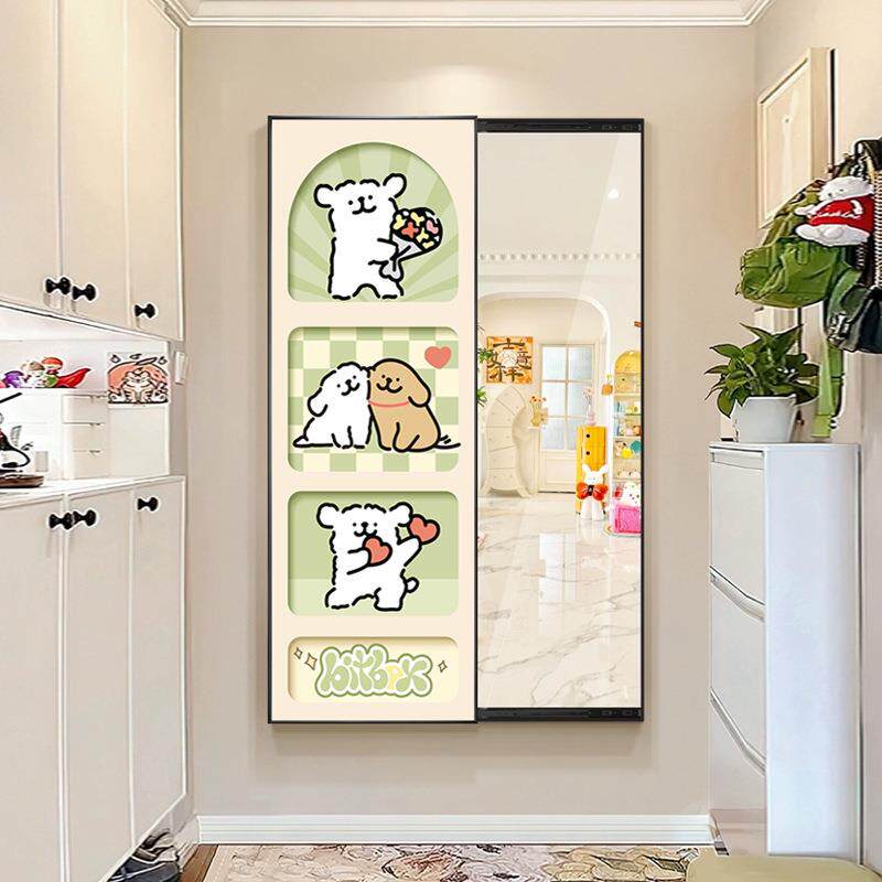 彩线条小狗推拉全镜玄关装饰画UBA可关闭色隐藏式身隐形衣镜子壁