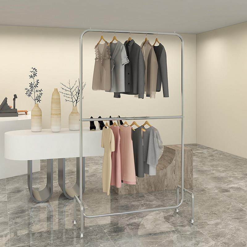 服装店展示架不锈拉丝银落地式双钢层可调节杆挂衣带女装HOA店轮