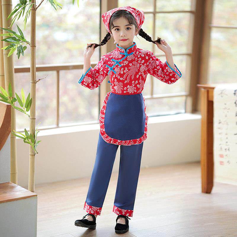 新款儿童村服装采茶服村姑衣服女童嫂民国秧歌农民表演农服阿庆演