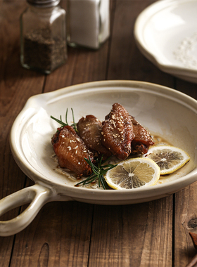 5ZV7批发复古文艺陶瓷盘子带手柄防烫微波炉烤箱焗饭盘家用ins风