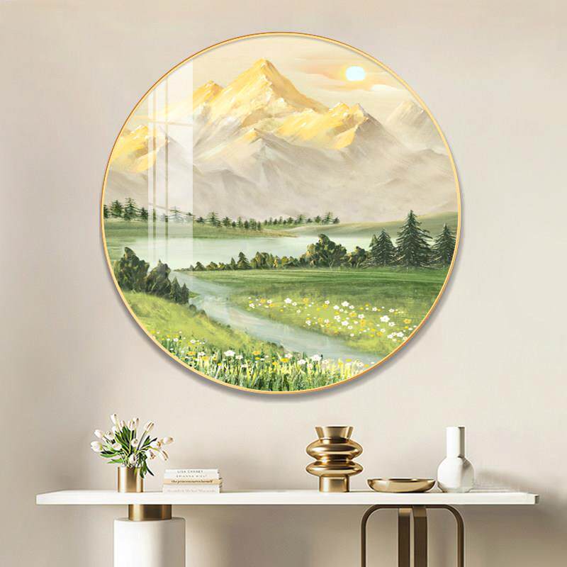 北欧玄关装饰画圆形饭厅山水风景日照金山走廊过道挂画正对门墙画