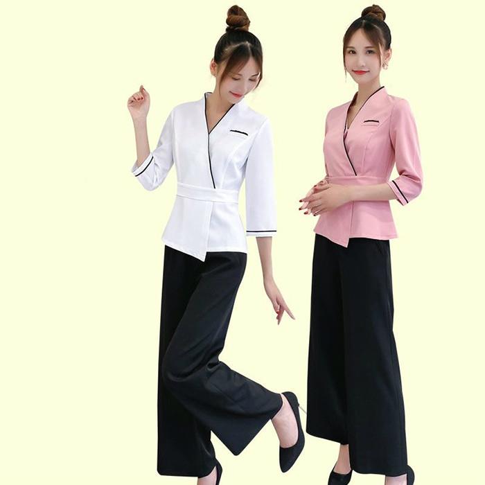春夏美容师工作服女美容院养生中心酒店优雅修身连衣裙套装