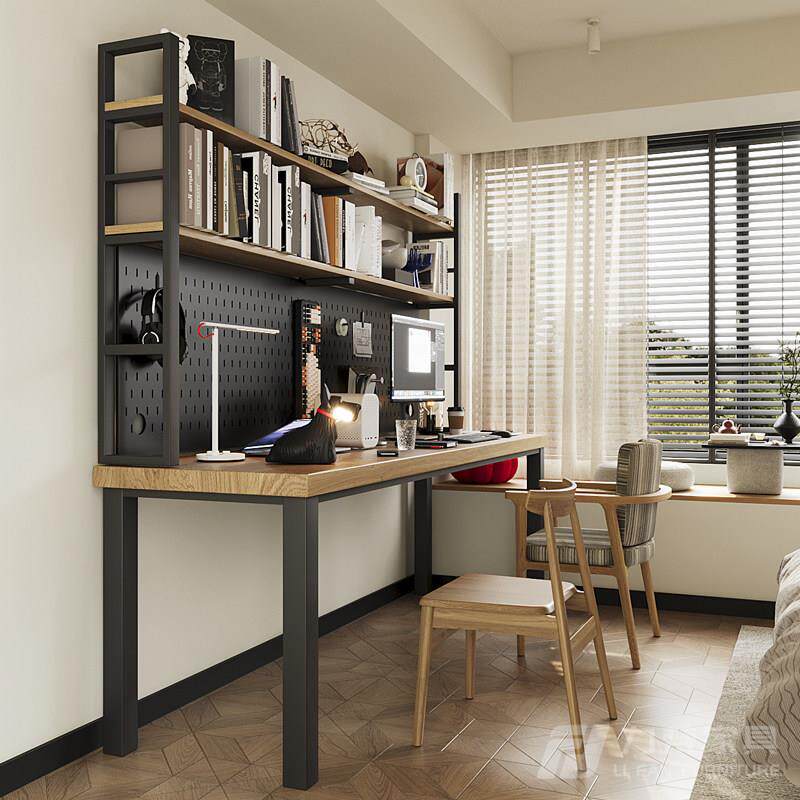 LOFT中古实木书桌书架组合洞洞板电脑桌卧室靠墙学习长条桌工作台
