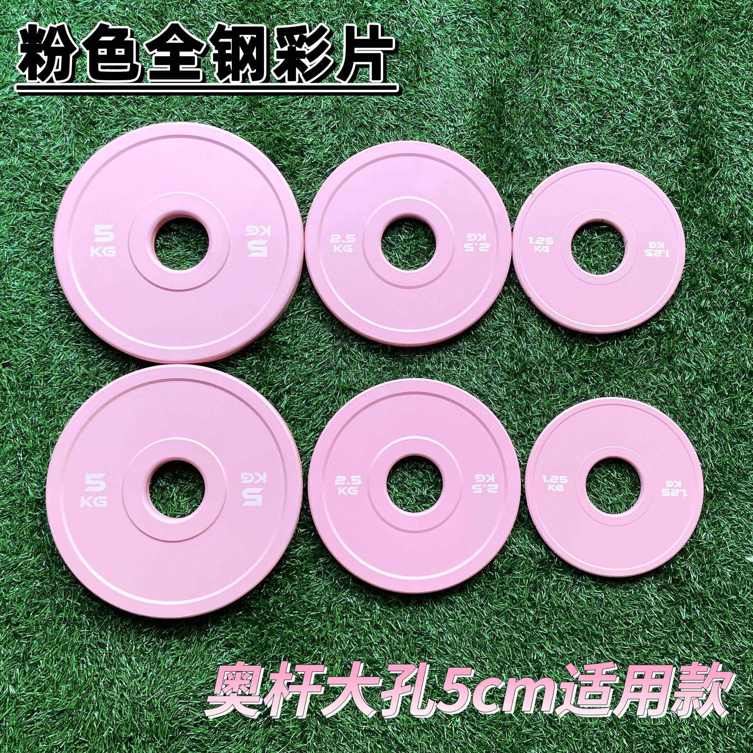 健身奥杆大孔径举重小配重片彩色杠铃片1.25公斤5KG粉色薄款钢片