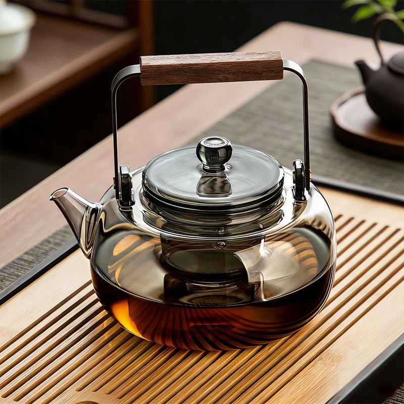日本高硼硅玻璃提梁壶耐热煮茶壶茶蒸煮一体泡茶壶电陶炉明火可用