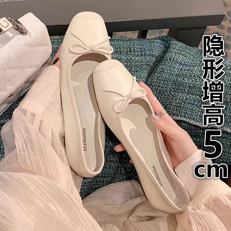 香港芭蕾舞鞋女2025春新款方头浅口蝴蝶结内增高软底瓢鞋真皮包鞋