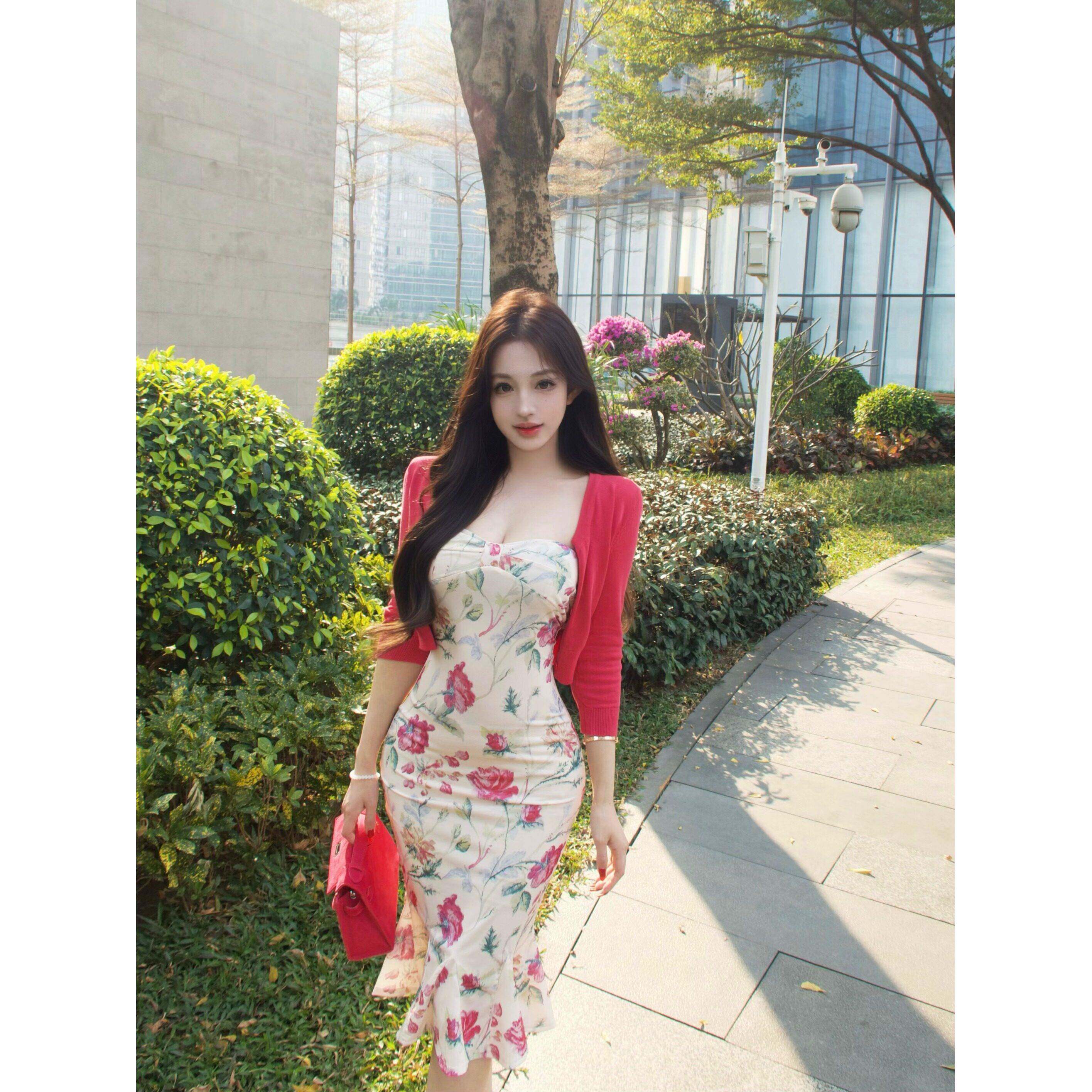 法式印花抹胸连衣裙女春季显身材中长款修身收腰温柔包臀鱼尾裙子