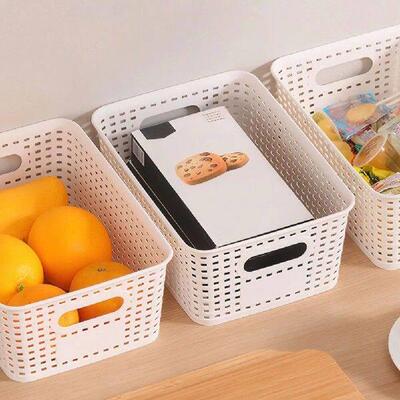 3Pcs Casual Plaid Storage Box with Wood Lid Plastic Storage