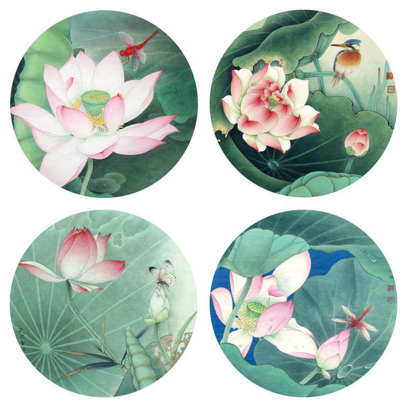 工笔画圆形荷花团扇4幅初学者线描稿白描底稿勾线实物打印稿YY48