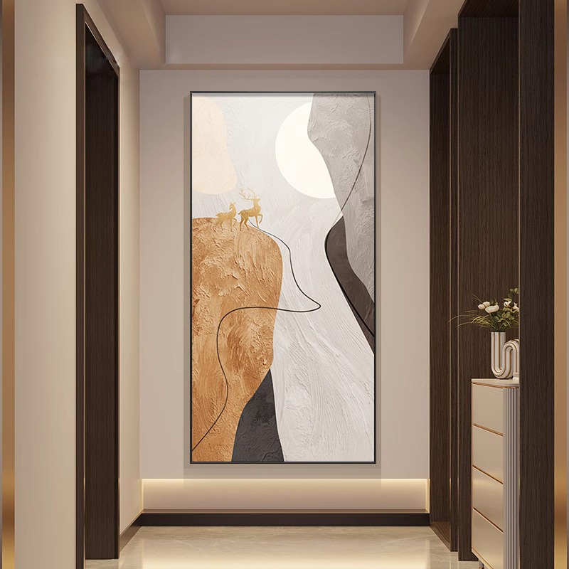 轻奢风抽象玄关装饰画山间福鹿客厅沙发落地挂画竖版走廊玄关挂画