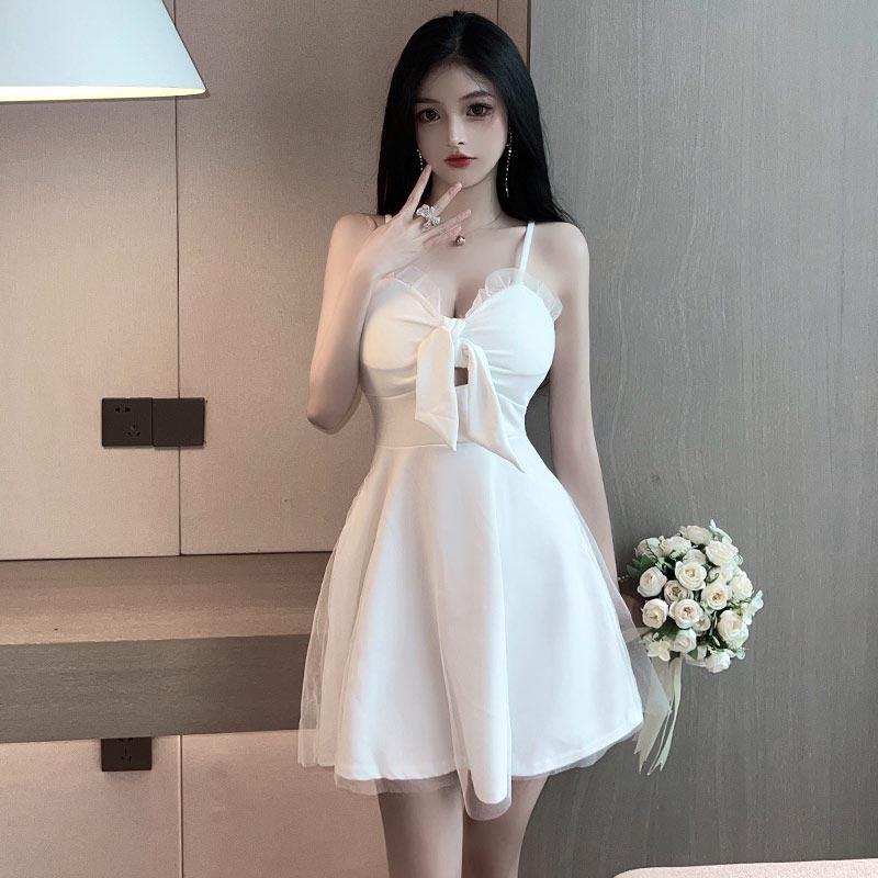 夜场店女装夜总会工作服甜美蝴蝶结性感低胸深领蓬蓬吊带连衣裙