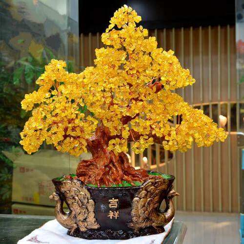 黄水晶摇钱树摆件 招财树家居创意酒柜家装饰品客厅电视柜发财树