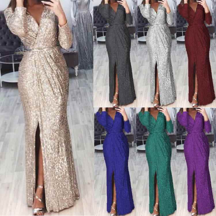 Womens long evening dress deep V-neck sparkling sexy