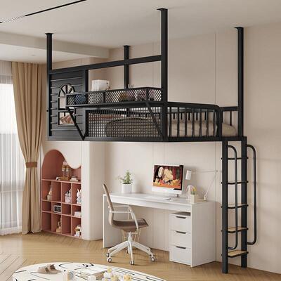 北欧loft高架床公寓铁艺空中吊顶阁楼床复式小户型上床下空梯柜床
