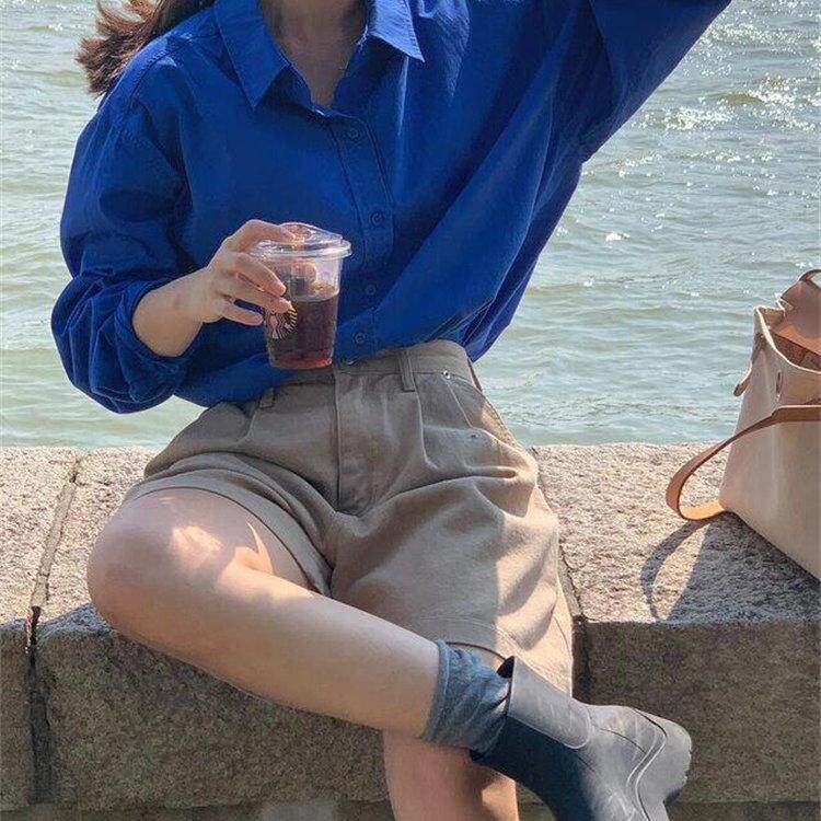 韩国NextMary克莱因蓝长袖衬衫女春季宽松显白上衣显瘦百搭衬衣