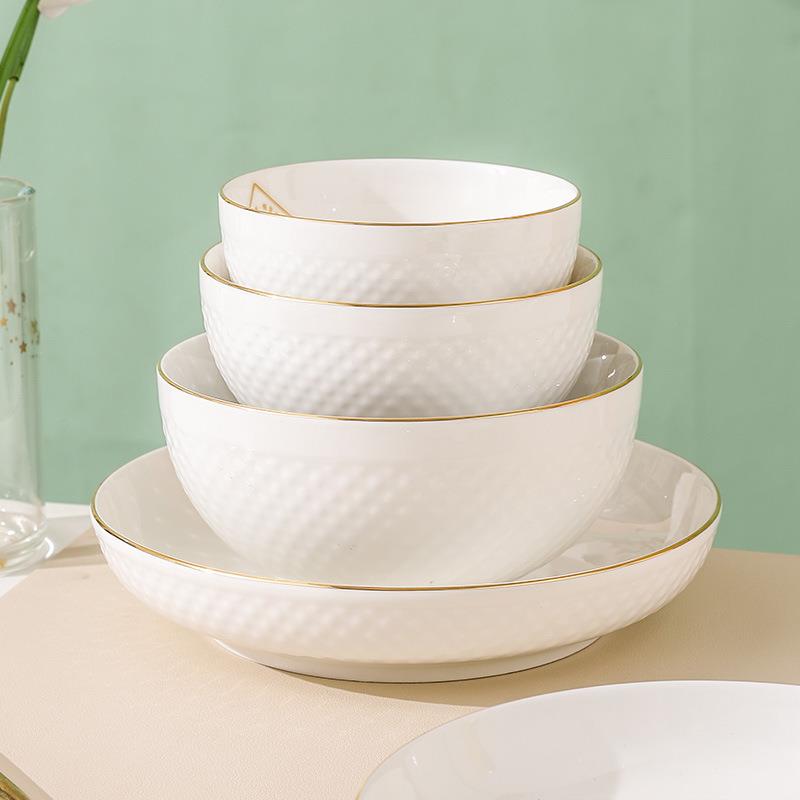 简时尚浮雕家用餐轻奢手绘金边碗盘碟高档具店用陶瓷约NXL汤酒碗