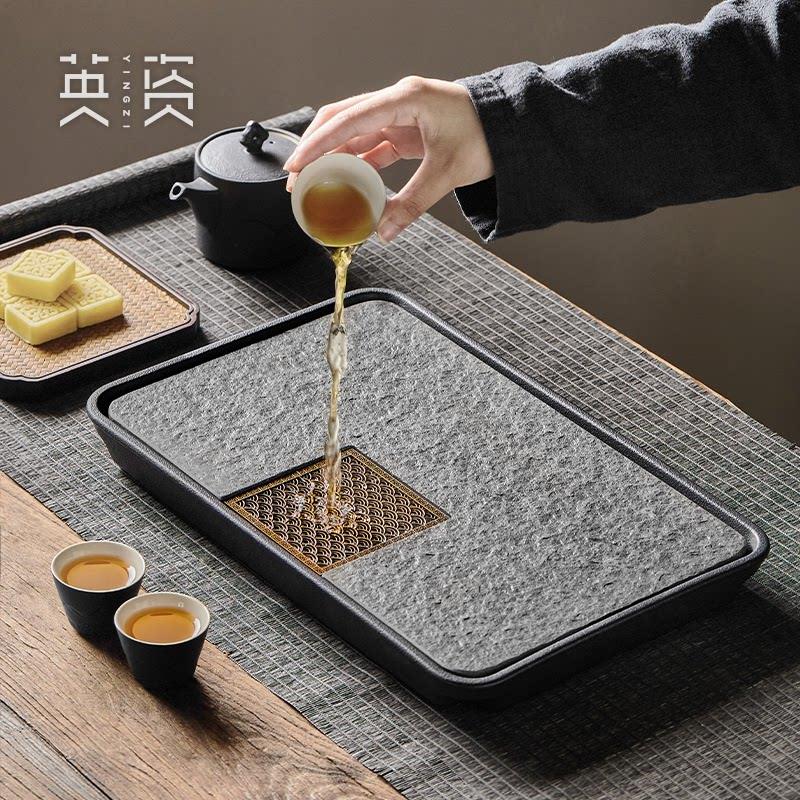 乌金石长方形茶盘储水式小型干泡台家用茶具托盘简约茶海石头茶台