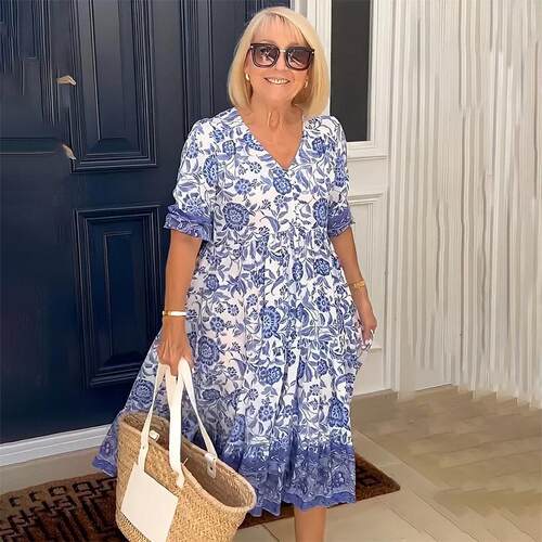 Long floral print plus size dress for women