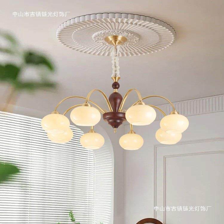 全铜中古风客厅吊灯轻奢奶油风餐厅灯主卧室灯法式网红玻璃铜灯具