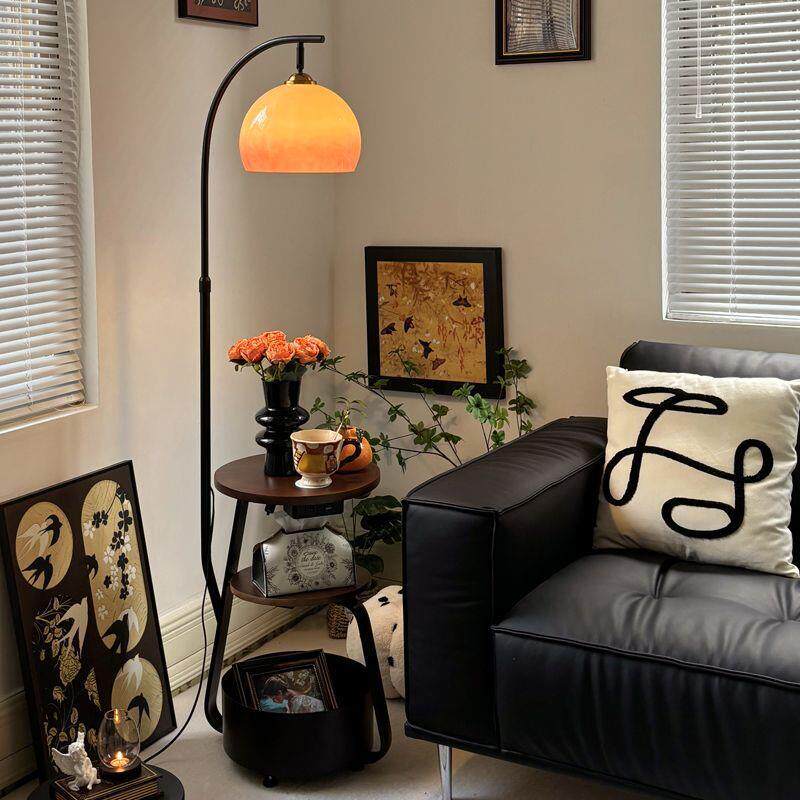 中古风柚子落地灯客厅沙发旁氛围感茶几美式复古卧室床头柜一体灯