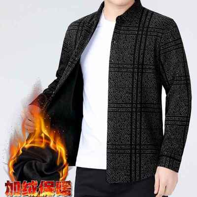 冬新款男式加绒印衬长袖商务休秋8712-P闲中年男士花羊绒保暖衬衫