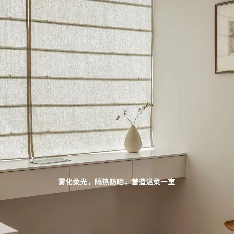 日式纯色亚麻纱罗马帘升降帘卧室茶室餐厅卷帘民宿折叠百叶窗