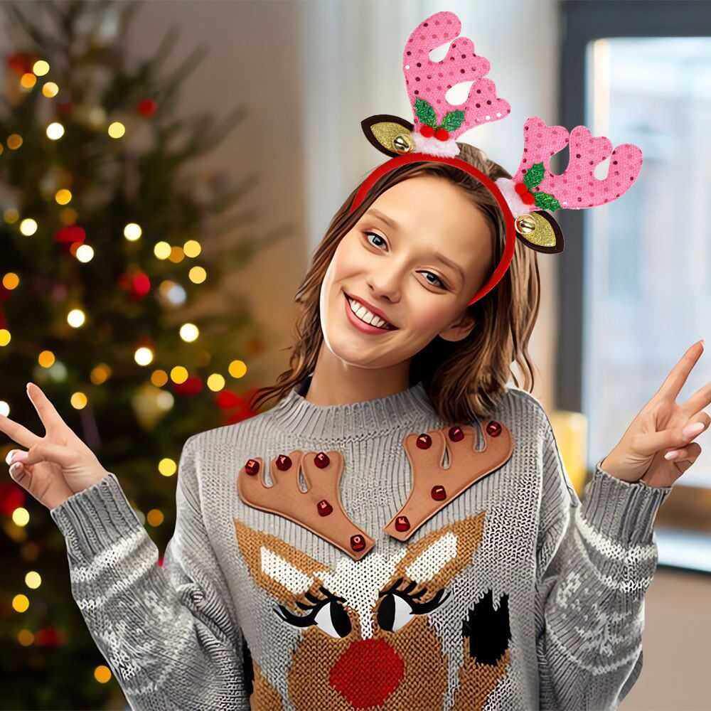 2025年圣诞节头箍发箍头饰聚会派对红色亮片铃铛麋鹿角金耳朵装饰