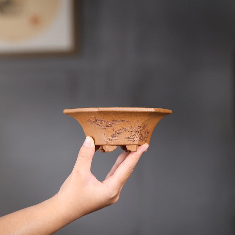 尚扣紫砂 手工小型盆景盆 降坡泥桌面菖蒲多肉中国风微型绿植花器