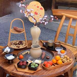老榆木茶桌围炉煮茶室内中式家用冬日桌子烤火炉套装庭院烧烤桌椅