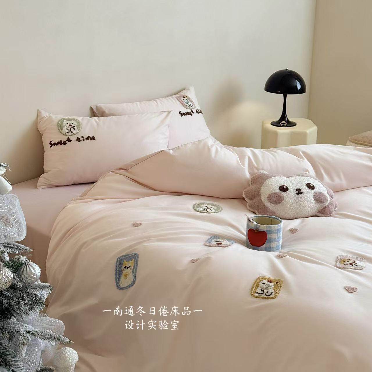 半眠小猫·100支加厚磨毛四件套全棉 秋冬可爱毛巾绣被套纯棉床品