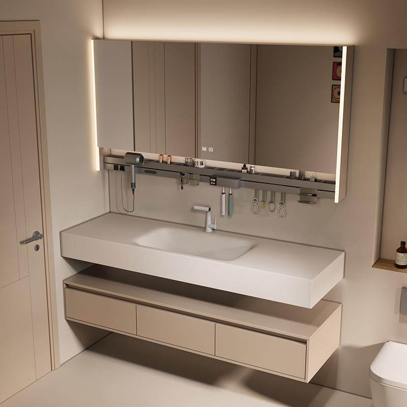 奶油风酒店岩板热弯一体盆浴室柜组合洗漱台卫浴洗脸盆洗手台定制