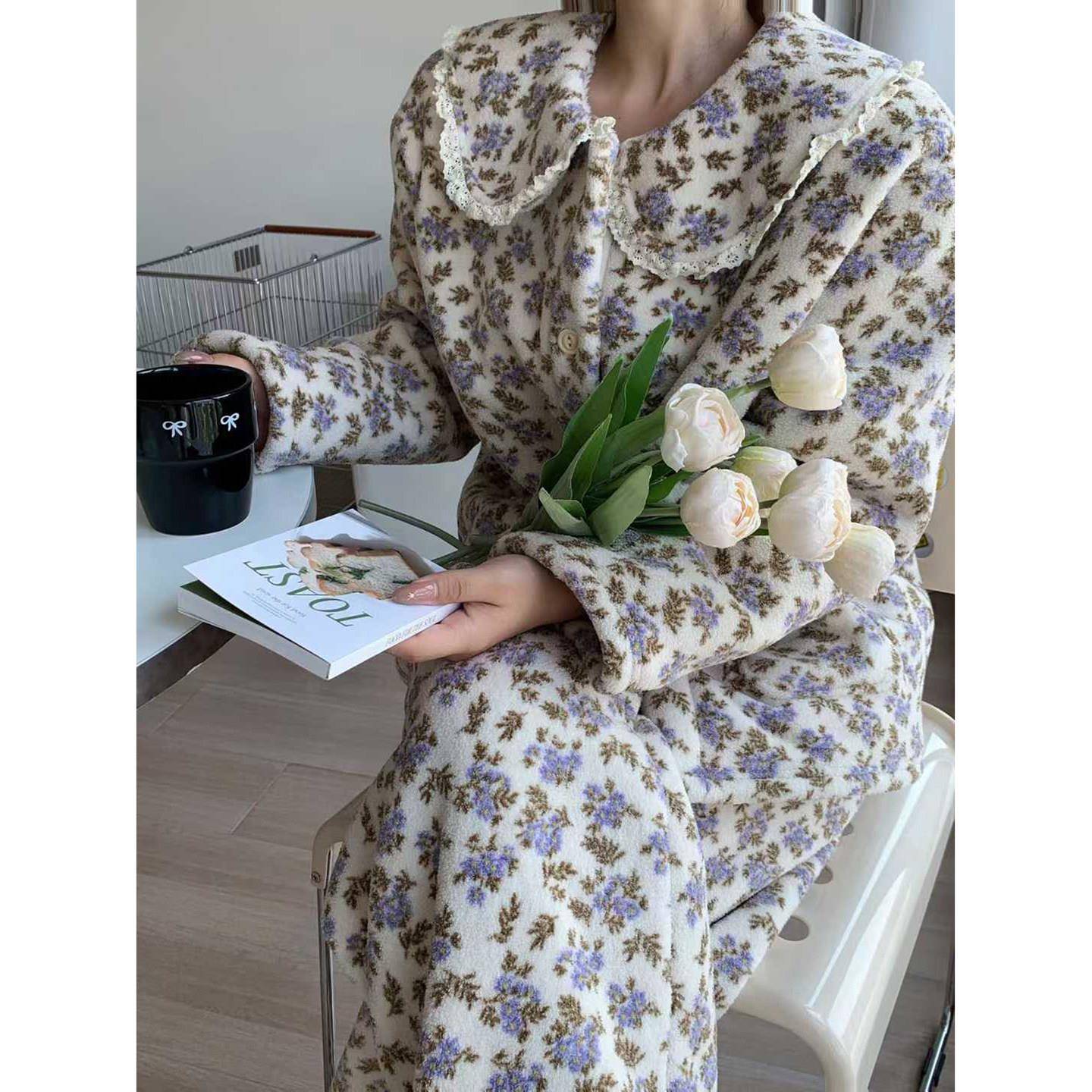 韩版田园风蕾丝拼接碎花米粒绒睡衣女冬双层复合绒加厚保暖家居服