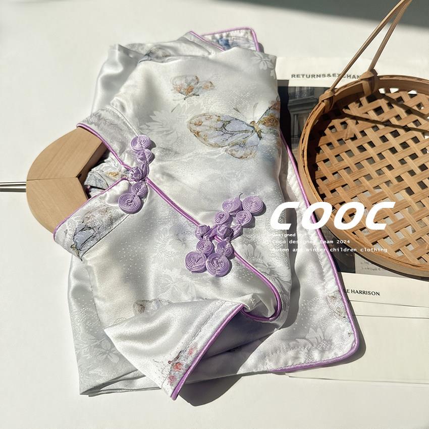 2025夏季新款女童紫色彷真丝旗袍盘扣洋装小女孩洋派新中式汉服