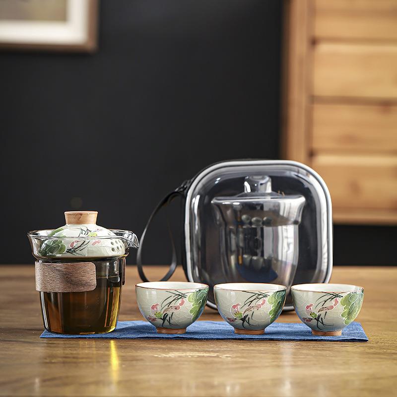 釉下彩手绘哥窑开片釉茶盘茶杯家用户外旅行便携茶具套装