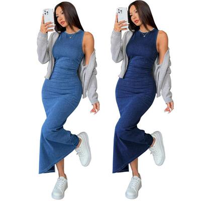 Women's denim sleeveless hip hugging dress source