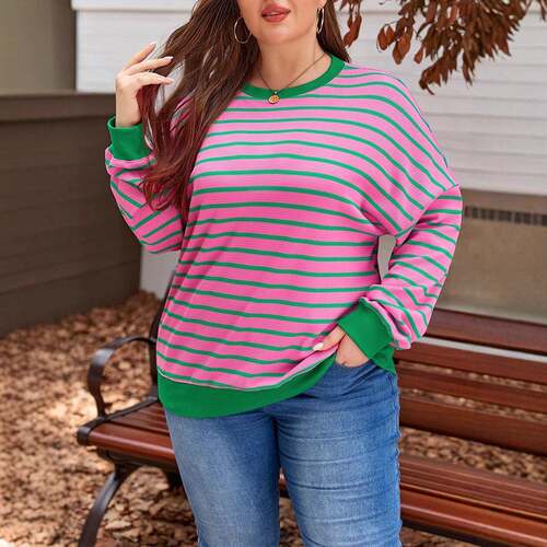 Size】 Striped Print Drop Shoulder Sweatshirts Fashion