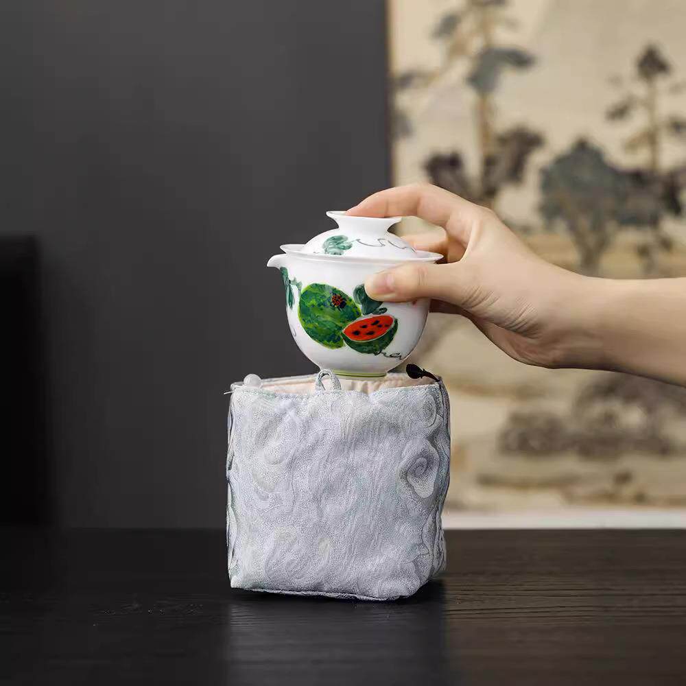 念云居手绘西瓜旅行茶具便捷式女士快客杯套装户外喝茶装备