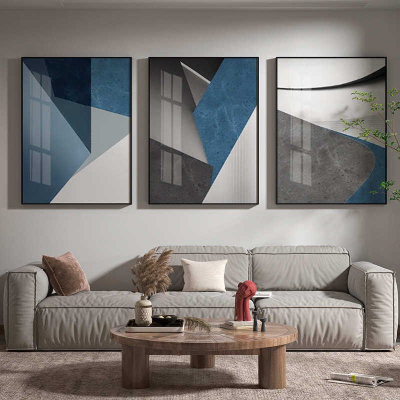 沙发简约奢几何图形欧式客厅墙背景现代三联饰挂画墙壁蓝色画装轻